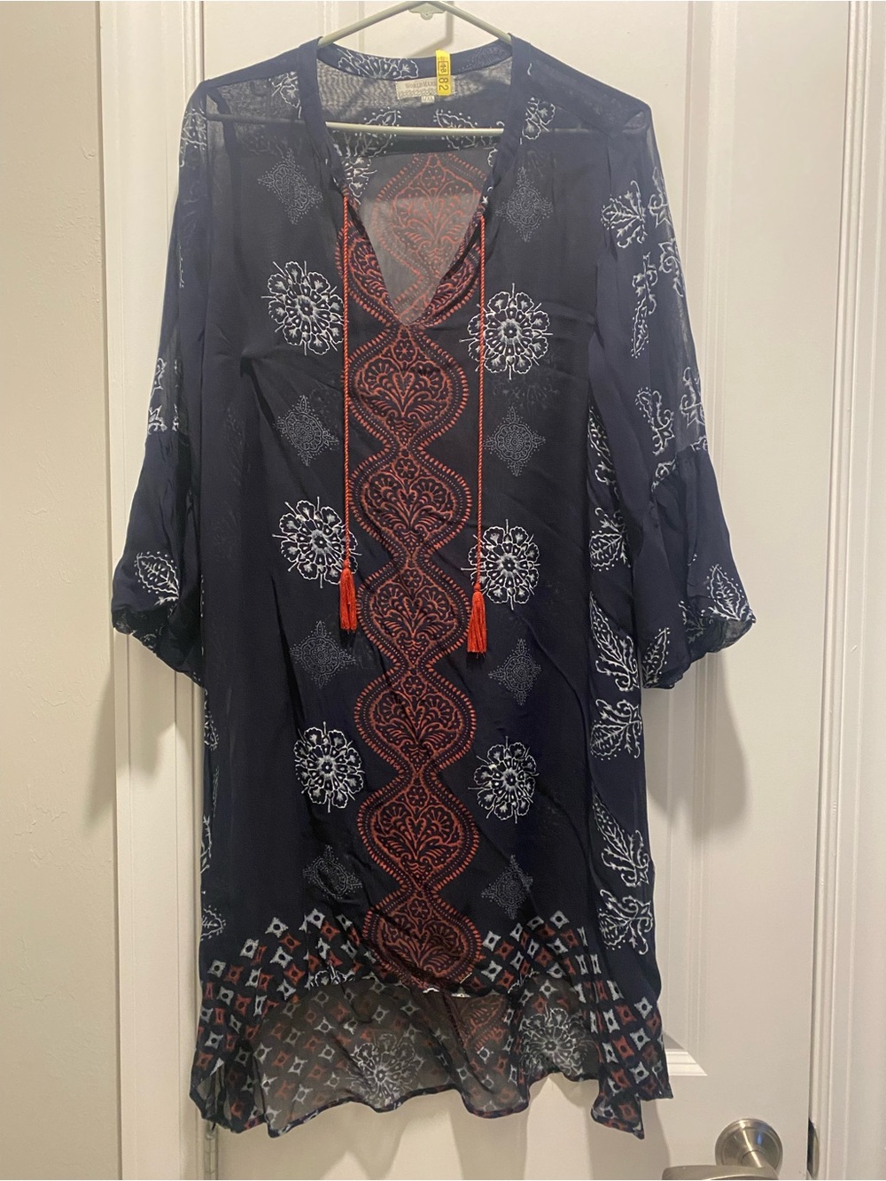 EUC World Market Beach Coverup SZ L/Xl Blue & Brick  Hi/Lo With Tassels Pretty
